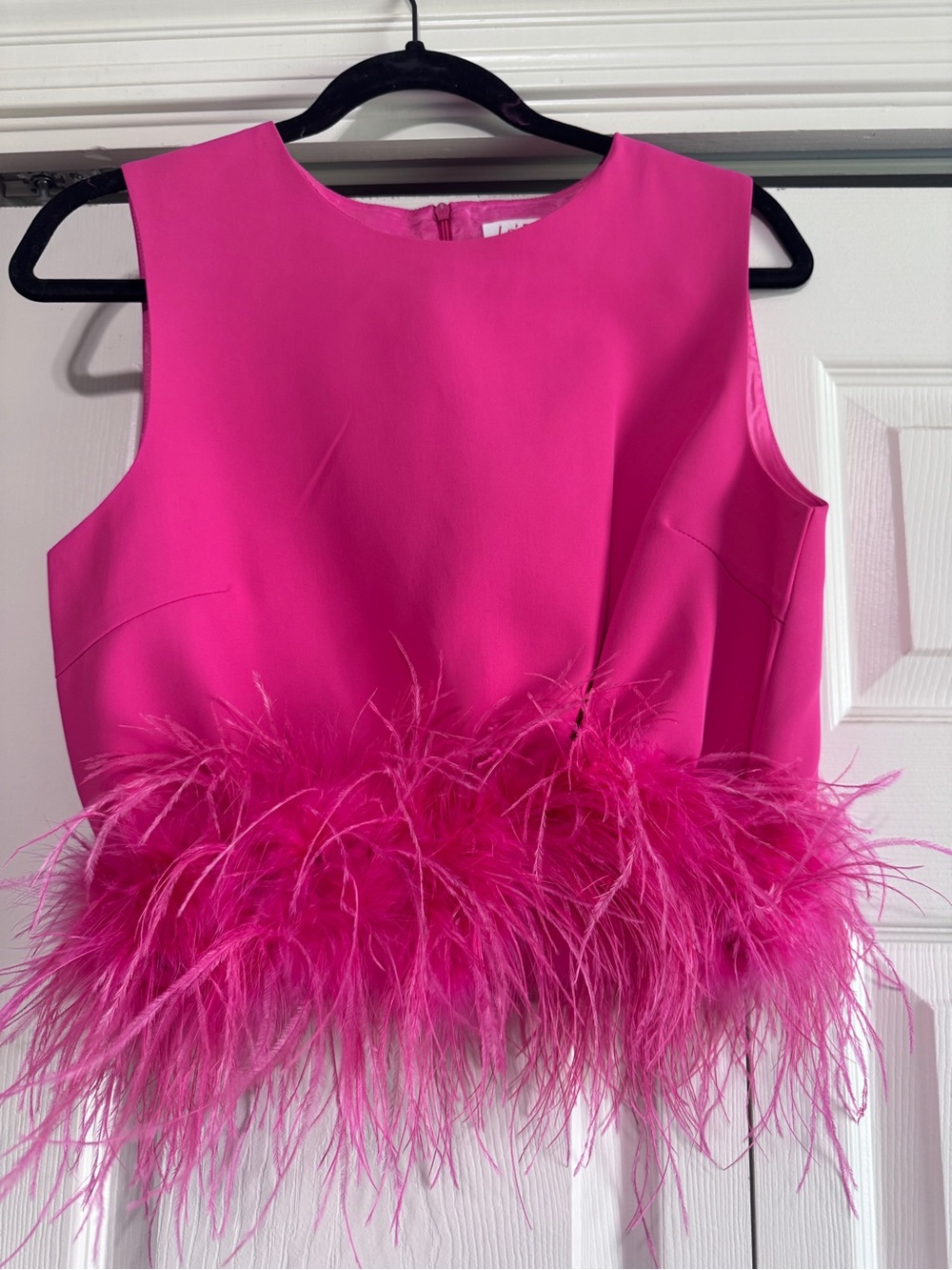 Sleeveless Hot Pink Feather-Trim Crop Top